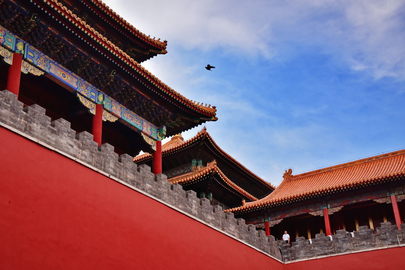 beijing, travel destinations, sky, architecture, low angle view, belief, city, red, day, cloud - sky, building, roof tile, religion, eaves, the forbidden city