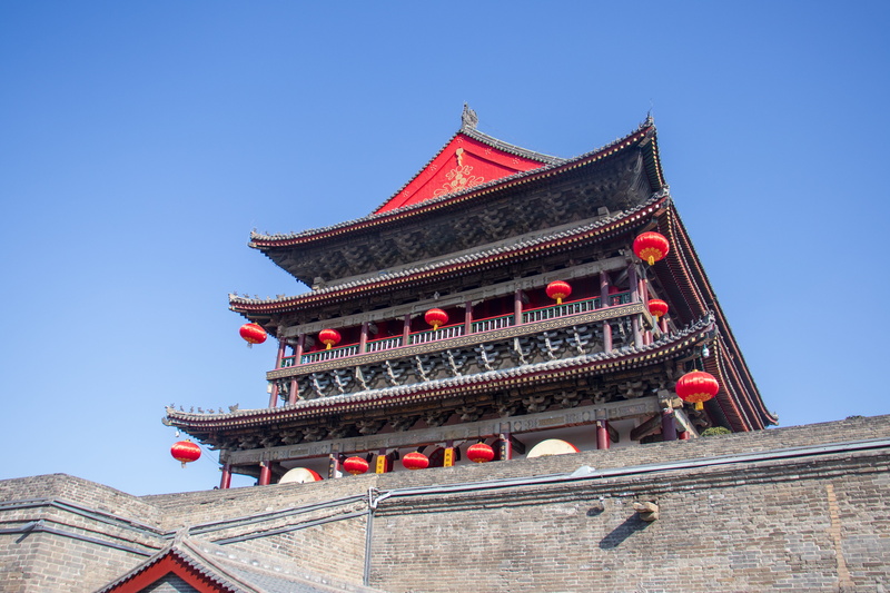 red, xian, day, classical style, china, stone, building, ornate, drum tower, history, sky, built structure, low angle view, culture, the past, city, old