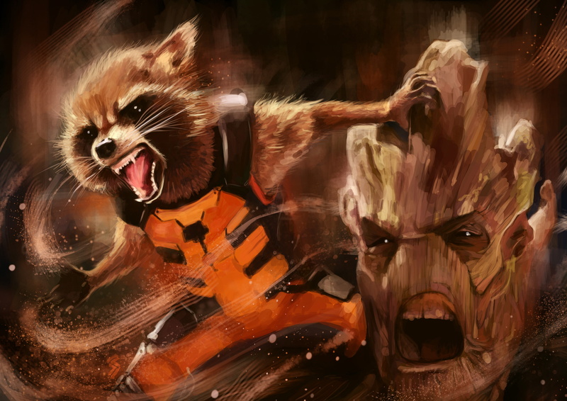 Guardians of the Galaxy, 2K, Rocket Raccoon, Artwork, Groot