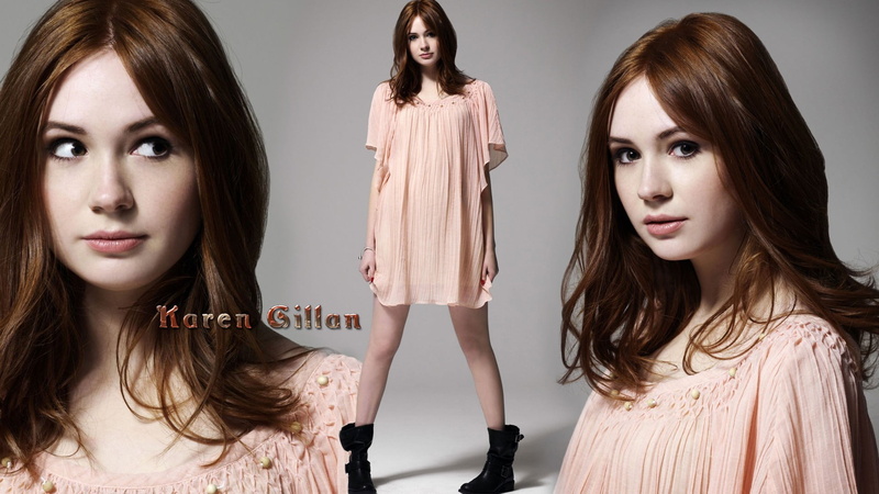 long hair, brown hair, legs, 1080P, front view, face, dress, clothing, looking at camera, redhead, young adult, Karen Gillan, collage, young women, beauty