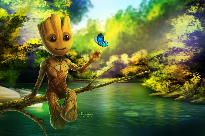 nature, forest, water, guardians of the galaxy, waterfront, day, plant, focus on foreground, movies, guardians of the galaxy vol 2, baby groot, tree, artwork