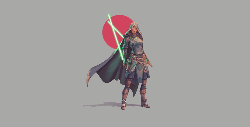 5K, fantasy art, weapon, minimalism, Jedi, simple background, Star Wars, women, anime, artwork, digital art, science fiction, lightsaber, movies