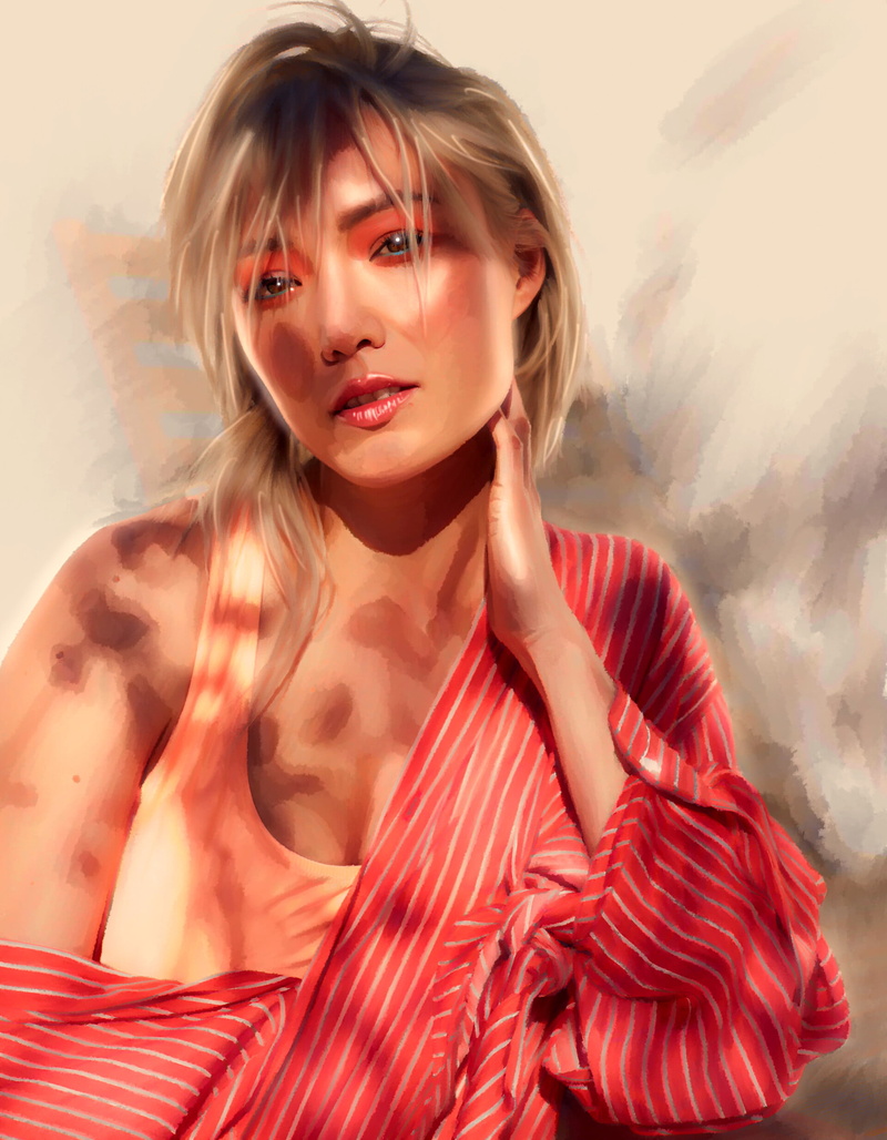 digital art, ArtStation, looking away, 1080P, model, portrait display, celebrity, French actress, hand on neck, open mouth, drawing, women, blonde, white hair