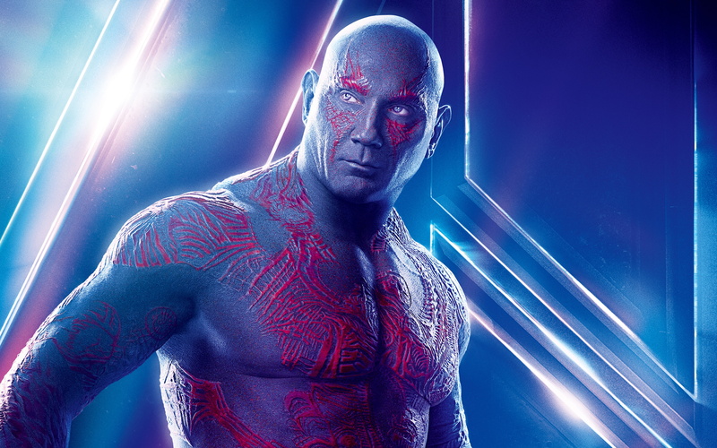 futuristic, shaved head, front view, adult, Drax, illuminated, portrait, aggression, young adult, one person, Avengers, Bautista, 4K, waist up, light - natural phenomenon