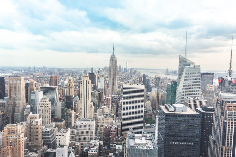 building, concrete jungle, outdoors, modern, crowd, 5K, one world trade center, day, sky, magazine cover nyc, top of the rock, building exterior, office