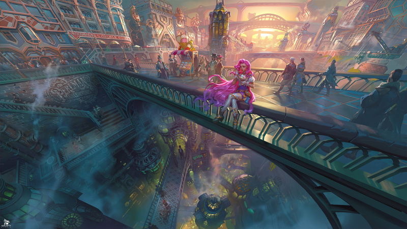 sitting, city, League of Legends, artwork, pink hair, women, railing, ArtStation, Grafit Studio, 1080P, fan art, Seraphine (League of Legends), video games