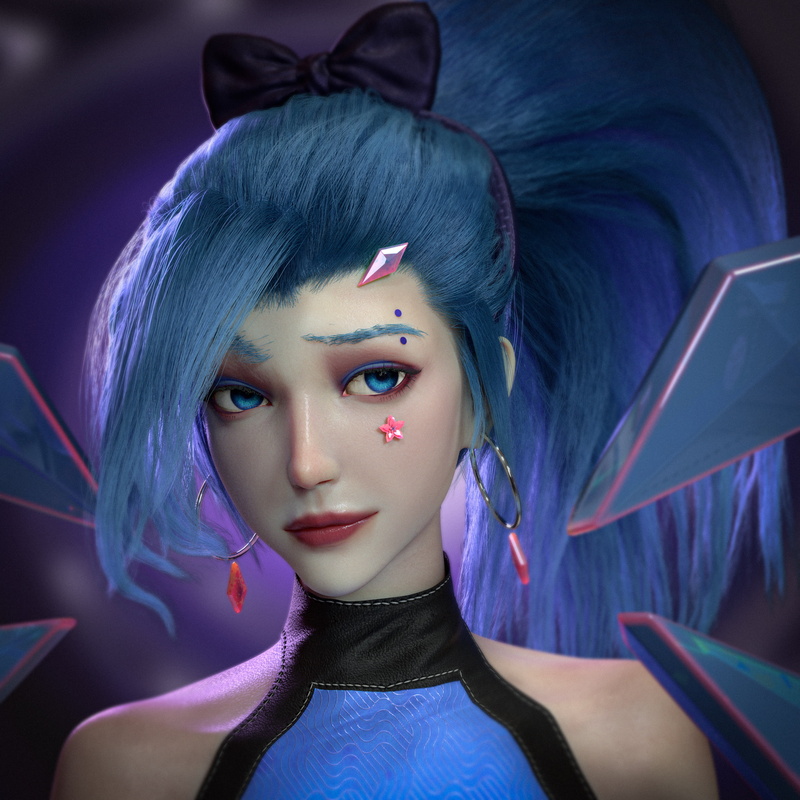 video game girls, blue eyes, ArtStation, fan art, face, digital art, looking away, 2K, hair ribbon, hair, Qingze Zhao, artwork, looking at the side, closed mouth