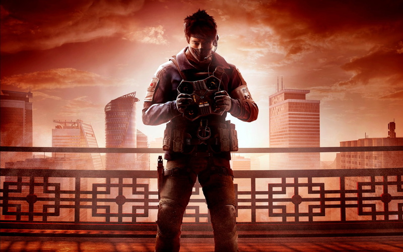 outdoors, clancy, building exterior, holding, security, Tom Clancys Rainbow Six, remote, building, tom, office building exterior, standing, 1080P, men