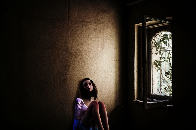 human, depression - sadness, mood, dark, adult, woman, light and shadow, scoop, fear, terrified, lonely, composing, sit, prison, looking, vulnerable, darkness