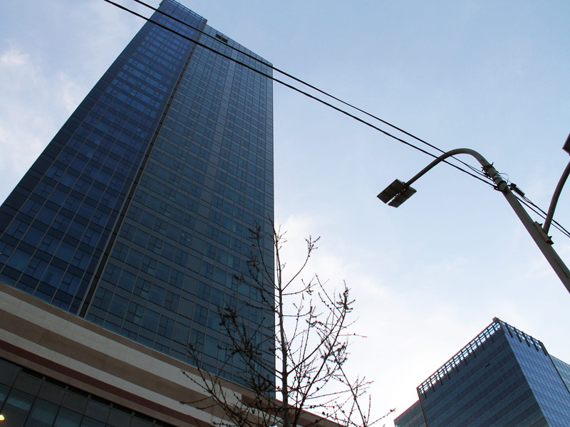 imax, city, street light, outdoors, tree, sky, modern, building exterior, day, 1080P, building, tower, low angle view, light, no people, mall, bare tree