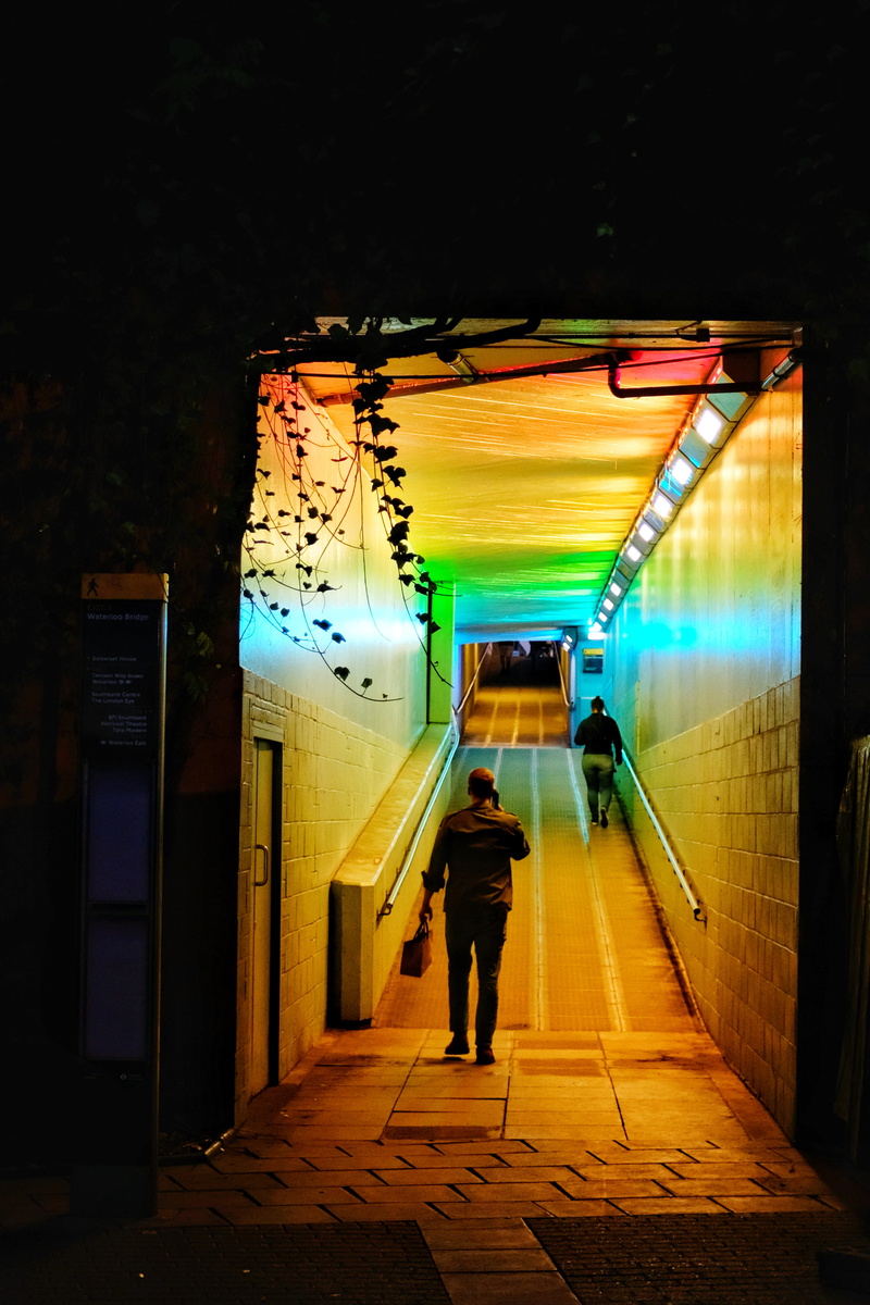 walkway, night, passage, holding, footpath, color, front, real people, bunker, building, standing, rear view, person, street, light, text, town, leisure activity