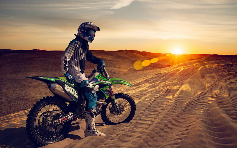 bike, dunes, sand, Motorcycle, green, dirt, Sunset, black, 1080P