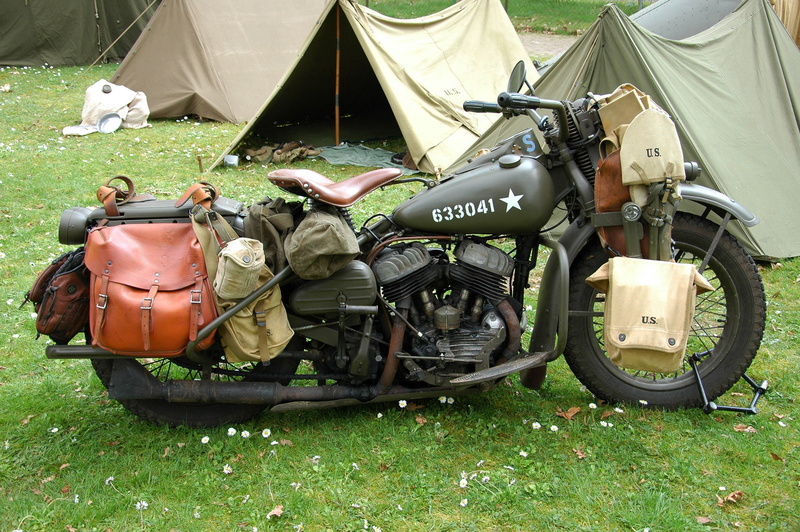 gray, travel, Second, field, luggage, grass, tents, WLA, bag, land vehicle, orange, green color, war, day, Harley-Davidson, stationary, camping, transportation