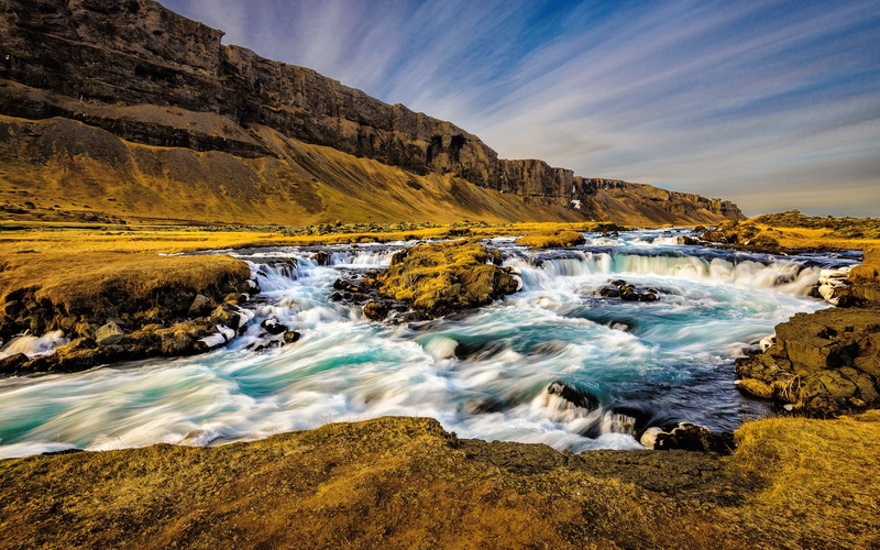 non-urban scene, no people, mountain, sky, outdoors, rock - object, 1080P, motion, long exposure, beauty in nature, environment, blurred motion, waterfall