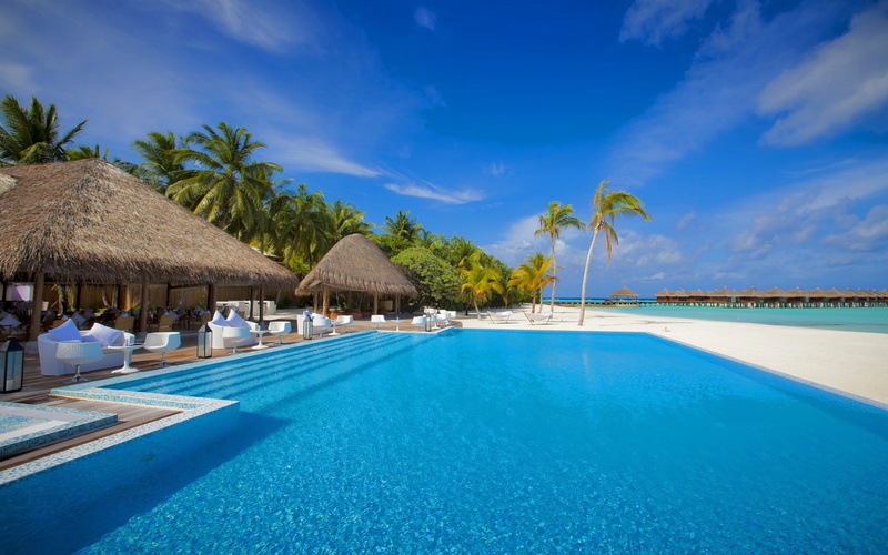 tropical climate, nature screen backgrounds 1920x1200, pool, outdoors, no people, swimming pool, holiday, blue, turquoise colored, tourist resort, thatched roof