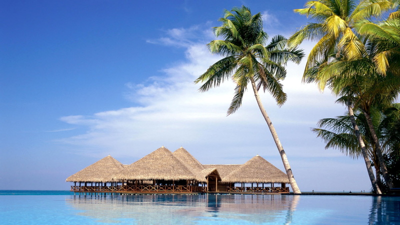 tranquil scene, nature, water, body, tranquility, tropical, roof, scenics - nature, no people, white, tahiti, building, sky, building exterior, house, trees