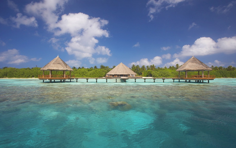 built structure, beach, dock, architecture, tranquility, tropical, tranquil scene, wooden, gazebos, outdoors, building, blue, building exterior, water