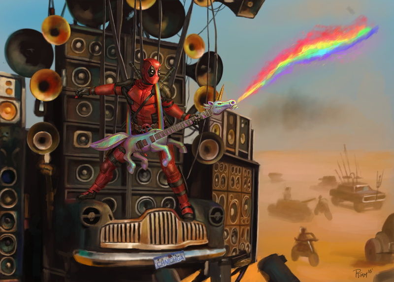 unicorns, 720P, Deadpool, Mad Max: Fury Road, guitar, speakers, parody