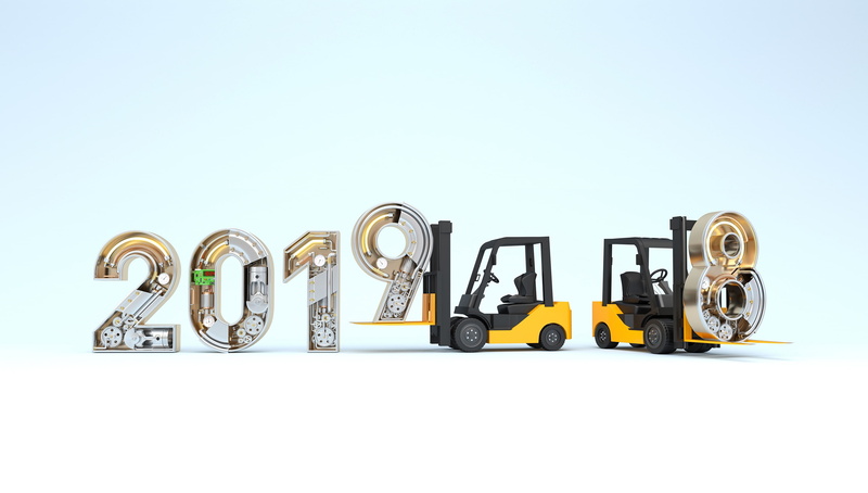 digital art, forklifts, 2019 (Year), 2K, gears, simple background, numbers, 2018 (Year), technology