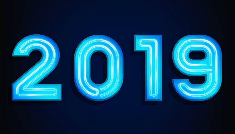 blue background, numbers, 2019 (Year), simple background, 2K