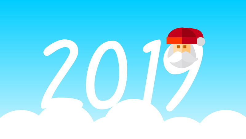 1080P, numbers, New Year, Santa hats, blue background, 2019 (Year)