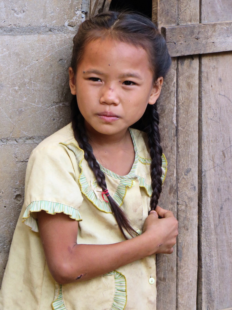 real people, little girl, cute, village, child, laos, childhood, portrait, looking at camera, casual clothing, women, standing, females, wood - material