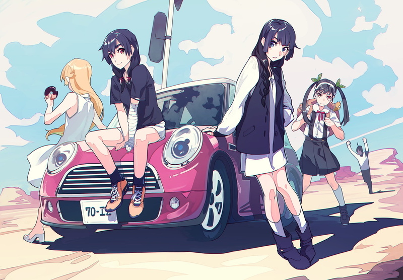 group of people, Monogatari Series, young adult, togetherness, leisure activity, Oshino Shinobu, small group of people, Senjougahara Hitagi, young women