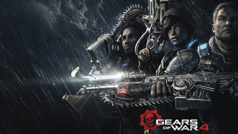 rain, 1080P, dirt, Gears of War 4, The Coalition, fighters, clouds, team, Microsoft, weapons, armor, logo, look, saw