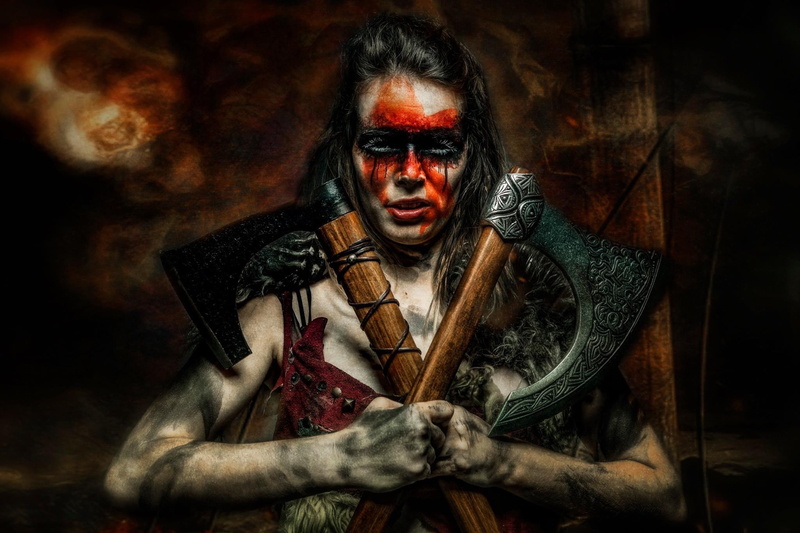 one person, fantasy girl, women, celebration, Peter Helmer, portrait, warrior, human face, 1080P, anger, negative emotion, fantasy, halloween, adult, make-up
