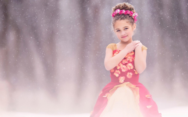 1080P, Children, Red, Snow, Dress, Flowers, Girl, Cute