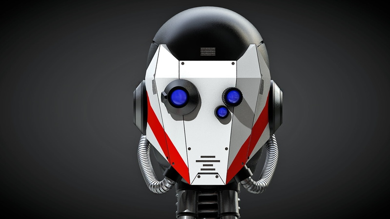digital art, headwear, robot, copy space, black background, helmet, white, gray, human representation, eyed, red, people, portrait, 1080P, science fiction