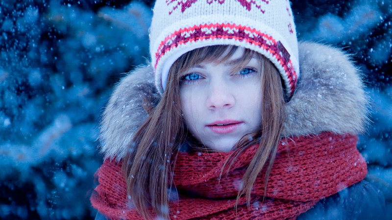 hat, portrait, knit hat, outdoors, headshot, warm clothing, funny hats, pink, looking at camera, snow, holiday, hair, cold temperature, red, woolly hat