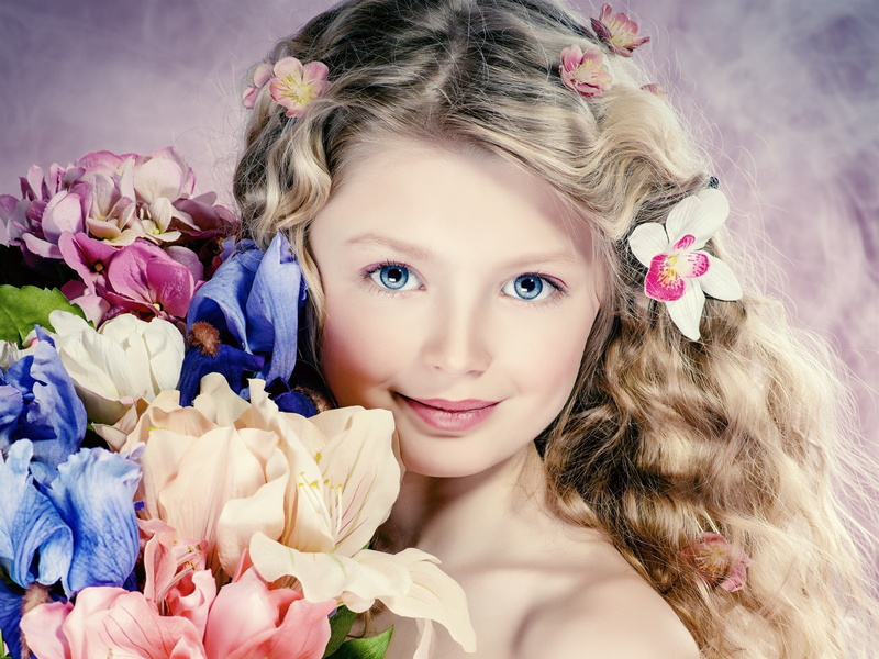 2K, Girl, Flowers, Portrait, Eyes, Hair, Cute, Blue, Curly