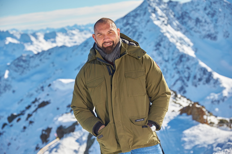 the sun, wrestler, jacket, bodybuilder, athlete, 4K, landscape, actor, snow, Dave Bautista, Dave Batista, mountains