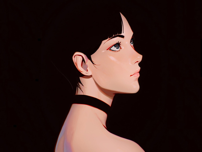 Ilya Kuvshinov, eyebrows, black background, haircut, portrait of a girl, sideways, chalker, brunette, 1080P, neck shoulders, looking up