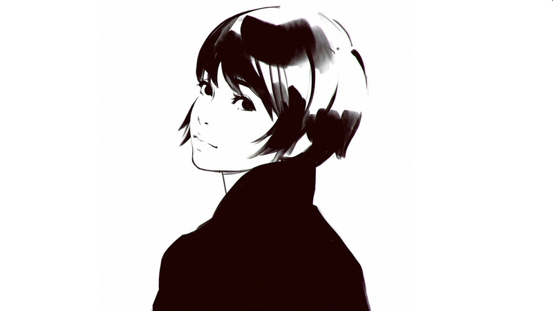 portrait of a girl, haircut, graphics, sideways, black and white, Ilya Kuvshinov, 1080P