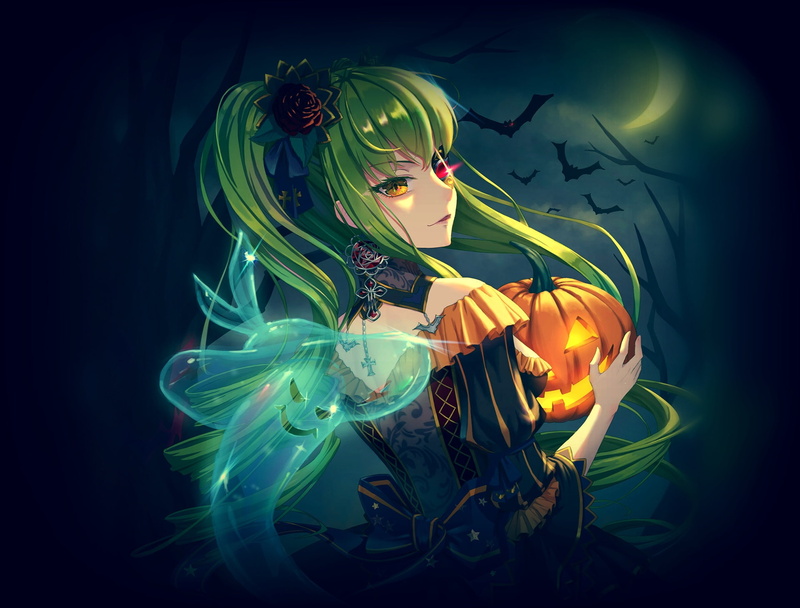 flower in hair, night, 1080P, Halloween, bats, pumpkin with eyes, green hair, C.C., Sisi, Code Geass, a month, burning eyes, sideways, corset, spirit