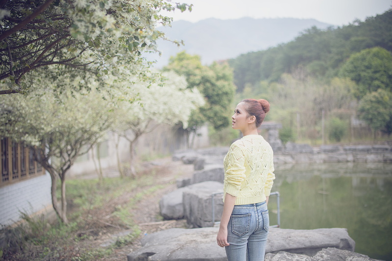 one Person, woman, lifestyles, sweater, looking away, looking, standing, flowering tree, real people, lake, mountain green, the lake house, water, clean background