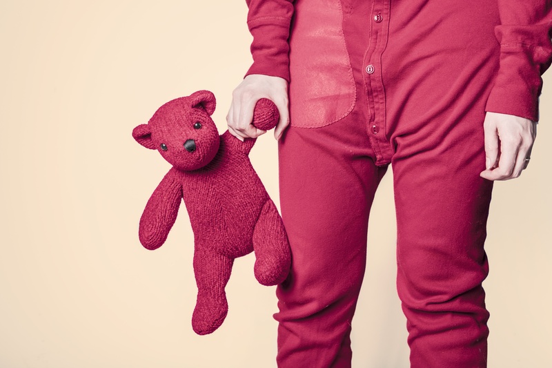 holding, whimsical, bedtime, pink color, toy, clothes, onesie, close-up, stuffed animal, studio shot, stuffed toy, bear, front view, adult, teddy, standing