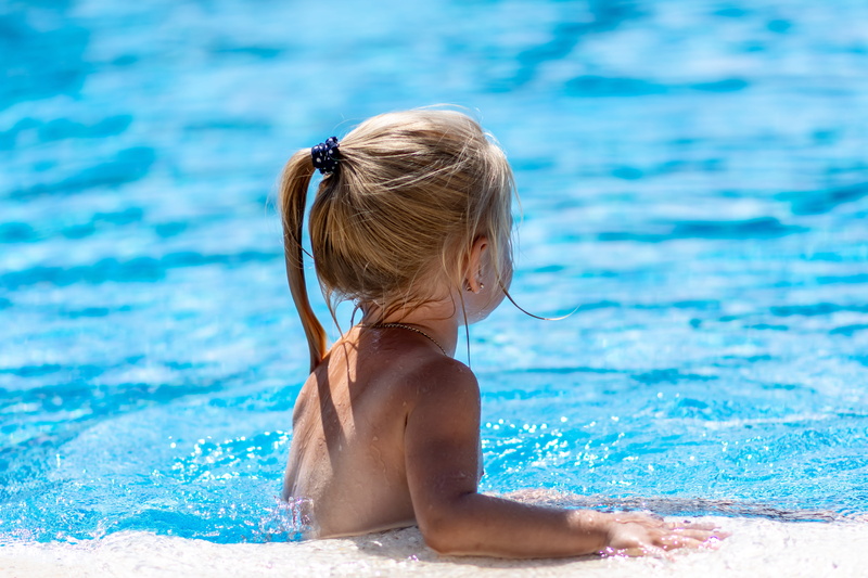 vacations, rear view, tourism, girls, tropical, blue, vacation, leisure activity, swimming pool, 5K, women, model, relaxation, summer, lifestyles, childhood