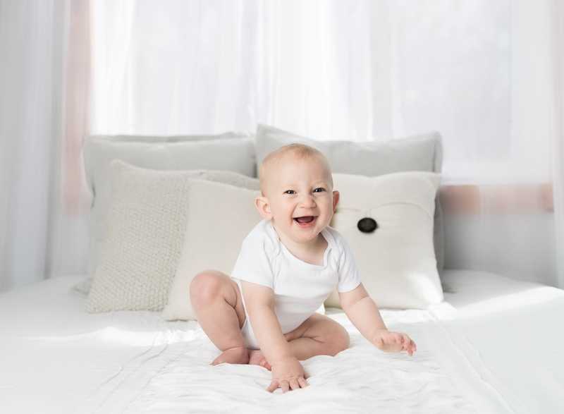 laughing, boy, emotion, front view, childhood, eyes, young, full length, bedroom, shirt, wearing, infant, real people, domestic room, white, son, 4K, smiling