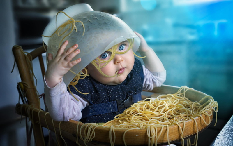 childhood, s, front view, blue, young, real people, headshot, 1080P, carrier, toddler, humor, one person, innocence, spaghetti, child, baby, cute, portrait
