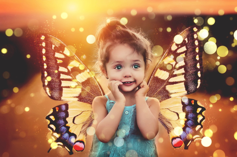 headshot, smiling, graphic, mystical, fantastic, butterfly, light, females, summer, magic world, one person, women, tender, glowworm, fairy tale world