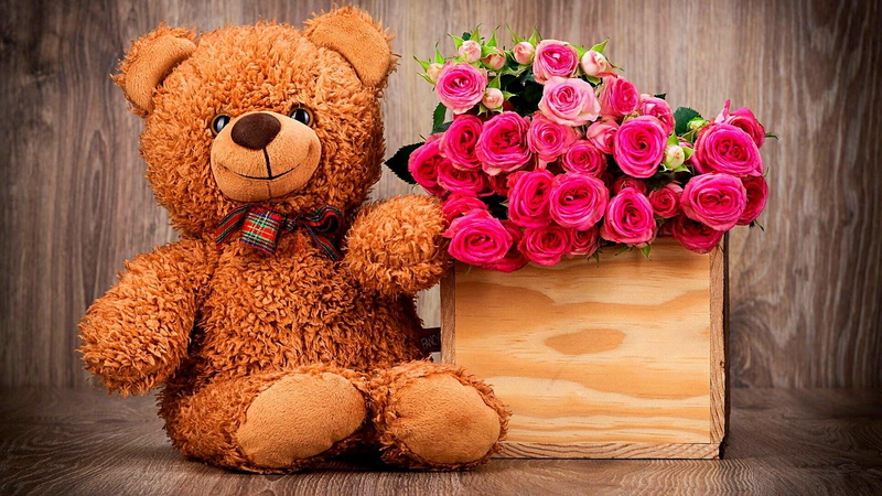cut flowers, floristry, pink flowers, toy, flower bouquet, rose, pink roses, 1080P, bouquet, flower, teddy bear, stuffed toy, plush