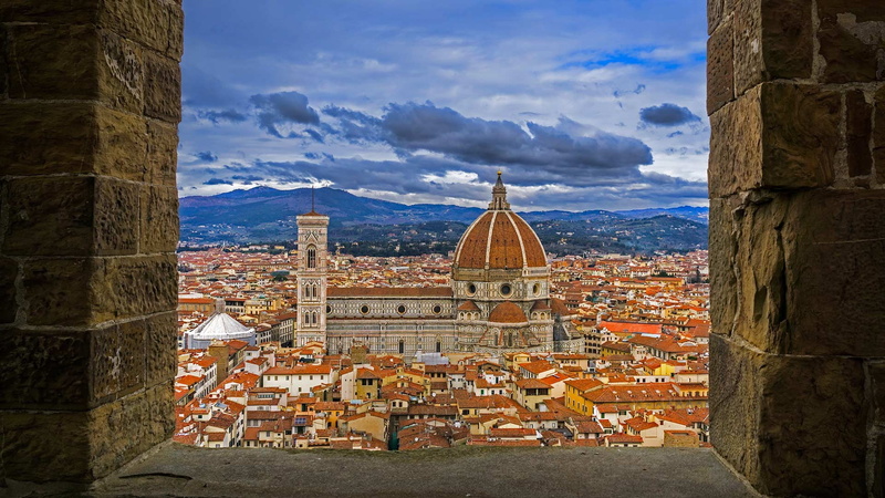 Rooftops, history, church, window, bricks, city, clouds, architecture, Hill, building, Italy, 1080P, Ancient, Santa Maria del Fiore, Old Building, Florence