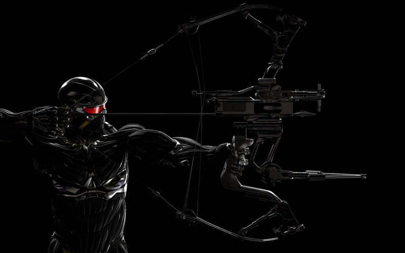 black background, standing, Crysis 3, weapon, special, gun, bow, man, obscured face, studio Shot, front view, aggression, war, handgun, rifle, power, army