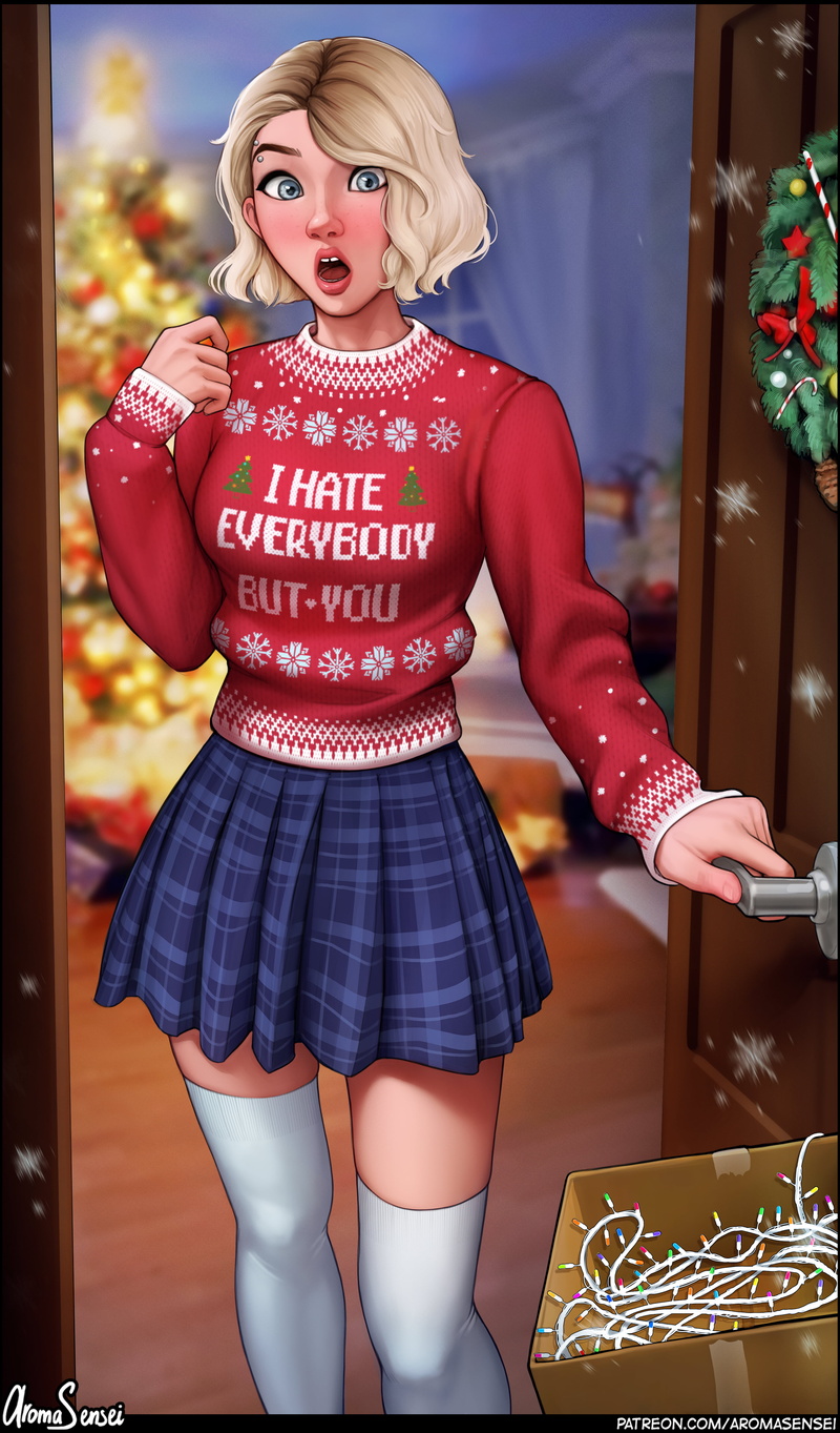 Gwen Stacy, blonde, christmas lights, Christmas, 4K, Marvel Comics, thigh-highs, miniskirt, fictional character, 2D, artwork, pierced eyebrow, illustration