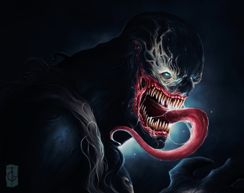 digital composite, evil, mouth open, human Face, art and craft, no people, animal representation, Venom Symbiote, human Head, 2K, fantasy, villain, anger