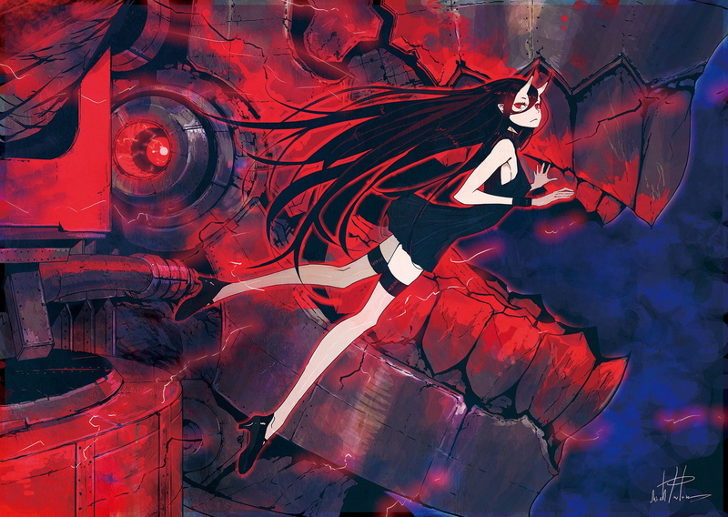 eyes, horns, collection, palow, red, hair, dress, hime, battleship symbiotic, kantai, black, 720P, long