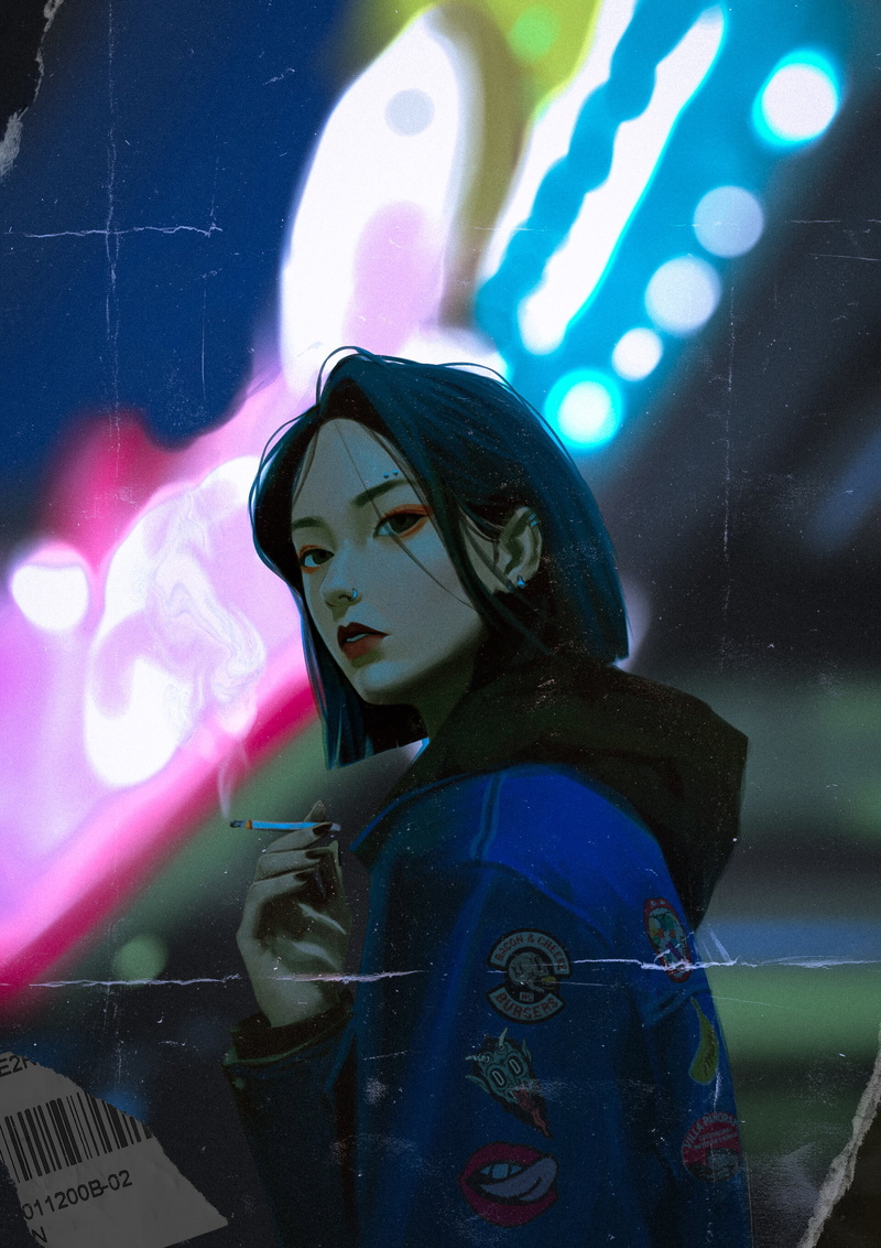 young woman, 2K, fan art, artwork, portrait display, cigarettes, poster, women, short hair, looking at viewer, barcode